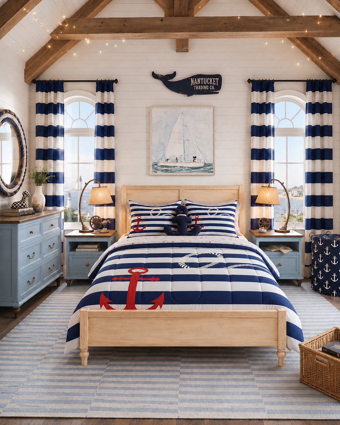 Nautical boys' bedroom with white shiplap walls, wood ceiling beams, navy and white cabana stripe curtains, a natural wood panel headboard bed with a navy stripe and red anchor comforter, light blue nightstands and dresser, a navy wooden whale sign, a watercolor sailboat print, and a striped blue rug.