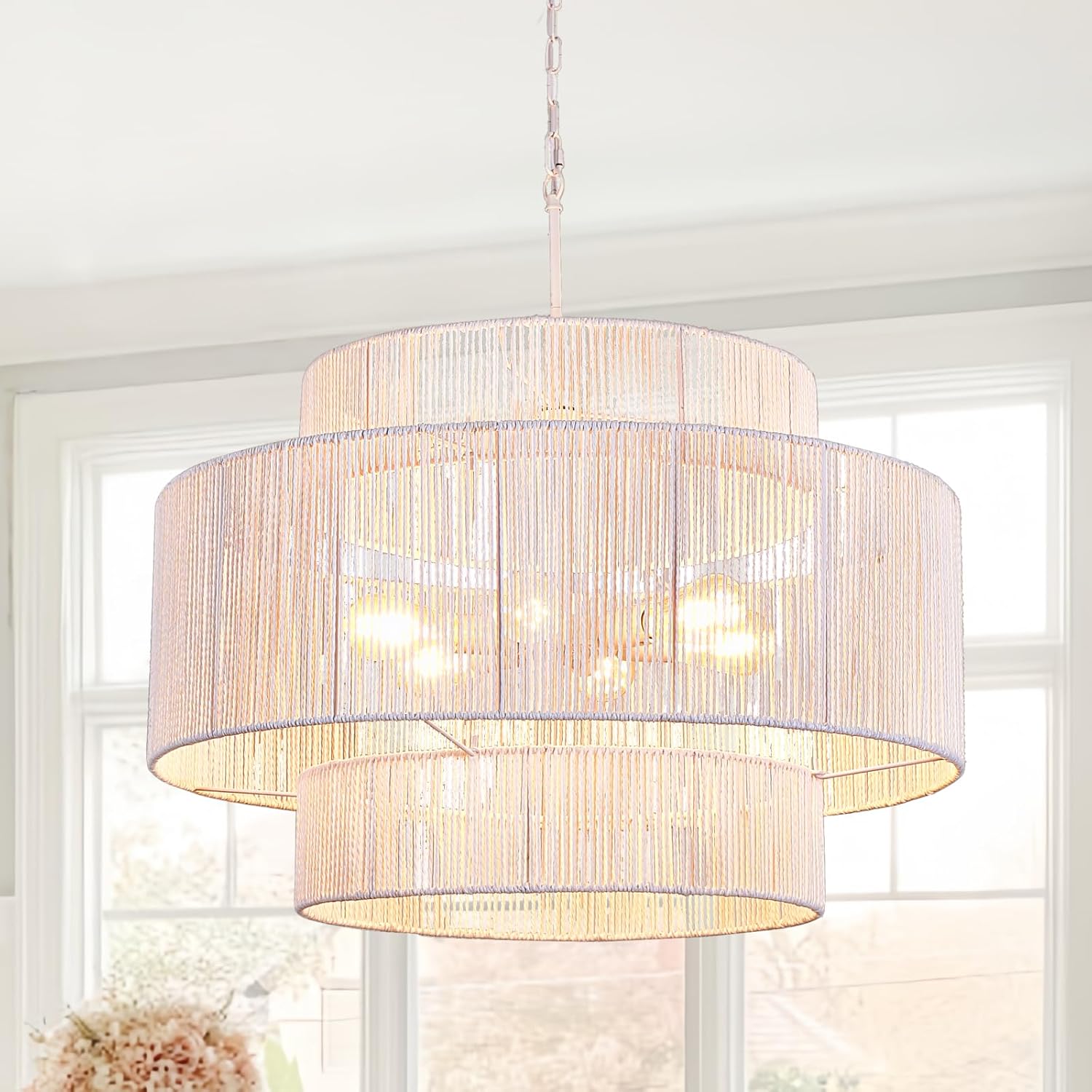 30.7" Large White Rattan 3-Tier Boho Coastal Chandelier