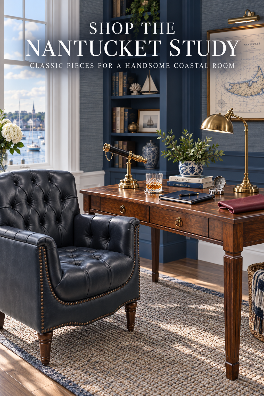Masculine Nantucket study with navy built-in bookcases, a warm wood writing desk, navy tufted leather chair, brass telescope and lamp, framed Nantucket map, blue and white porcelain, coastal books and a natural woven rug overlooking the harbor.