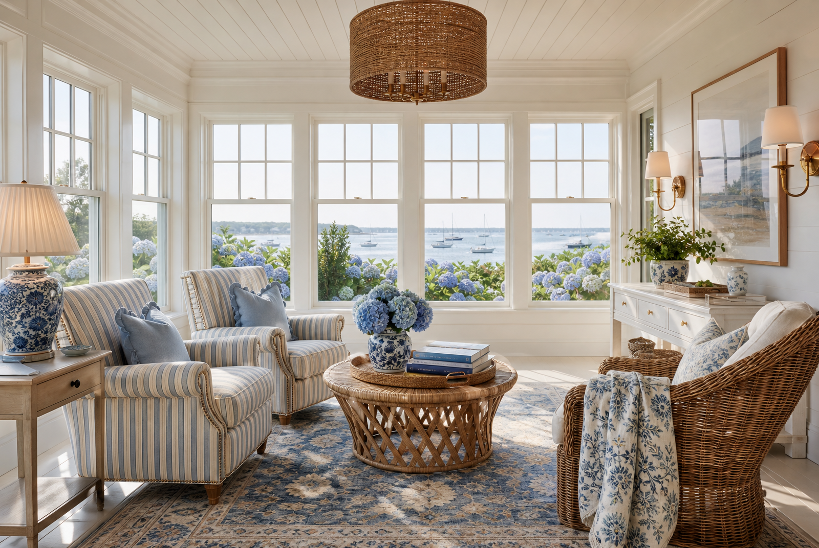 Bright Nantucket sunroom with blue and white ticking stripe armchairs, a natural wicker armchair, round rattan coffee table, faded blue Oushak rug, woven seagrass drum chandelier, brushed gold sconces and blue hydrangeas with harbor views.