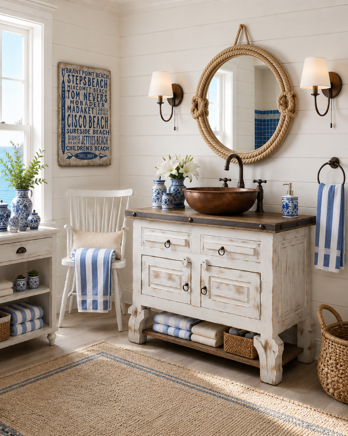 Nantucket coastal farmhouse bathroom with distressed white reclaimed-wood vanity, hammered copper vessel sink, nautical jute rope round mirror, pair of aged-brass gooseneck wall sconces with ivory linen shades, blue-and-white porcelain ginger jars on the windowsill, cabana-stripe blue and white Turkish beach towels, and a vintage Nantucket beaches wood sign.