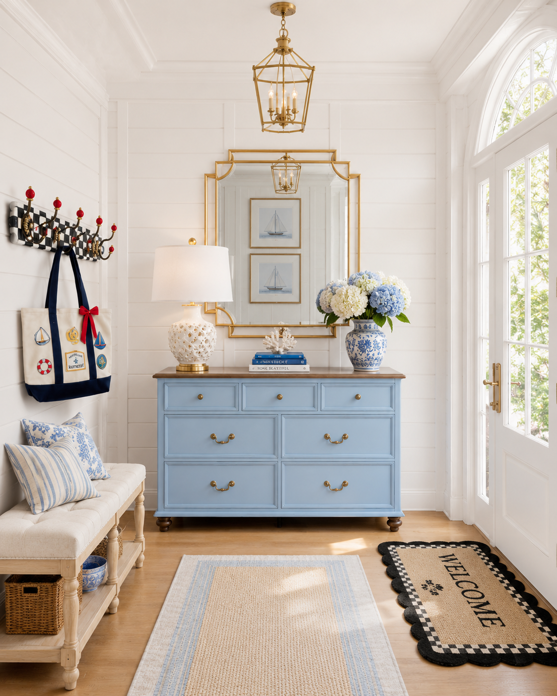 Coastal white shiplap entryway with a light blue 7-drawer farmhouse dresser, ornate gold rectangular mirror, white lattice ginger jar lamp, blue and white hydrangeas, sailboat prints, tufted linen bench, striped runner, and a MacKenzie-Childs awning stripe welcome mat by an arched glass door.