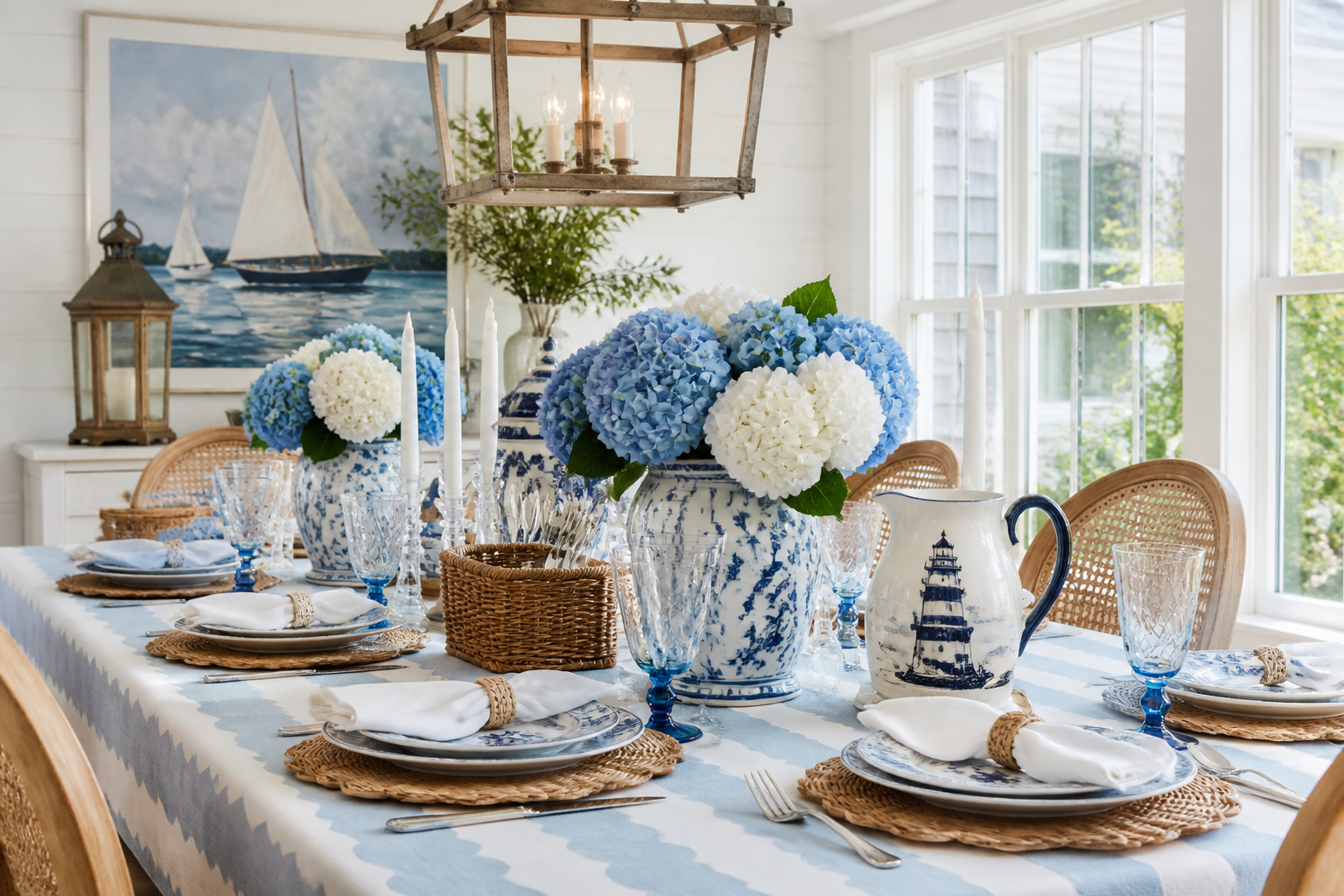 Nantucket blue and white summer tablescape with a scalloped stripe tablecloth, round rattan placemats, blue and white china, blue-base goblets, a navy lighthouse pitcher, ginger jars filled with blue and white hydrangeas and a lantern chandelier above.