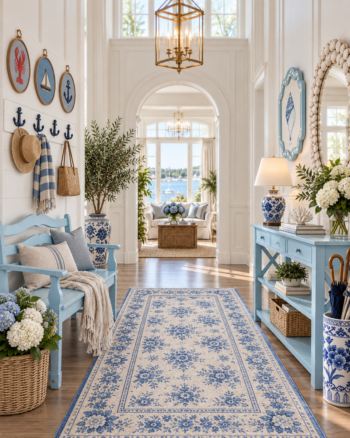 Blue and white coastal entryway with a sky-blue scalloped bench, sea foam console table, seashell mirror, navy anchor wall hooks, nautical hoop art, chinoiserie ginger jar lamp, hydrangeas and a blue floral runner rug.