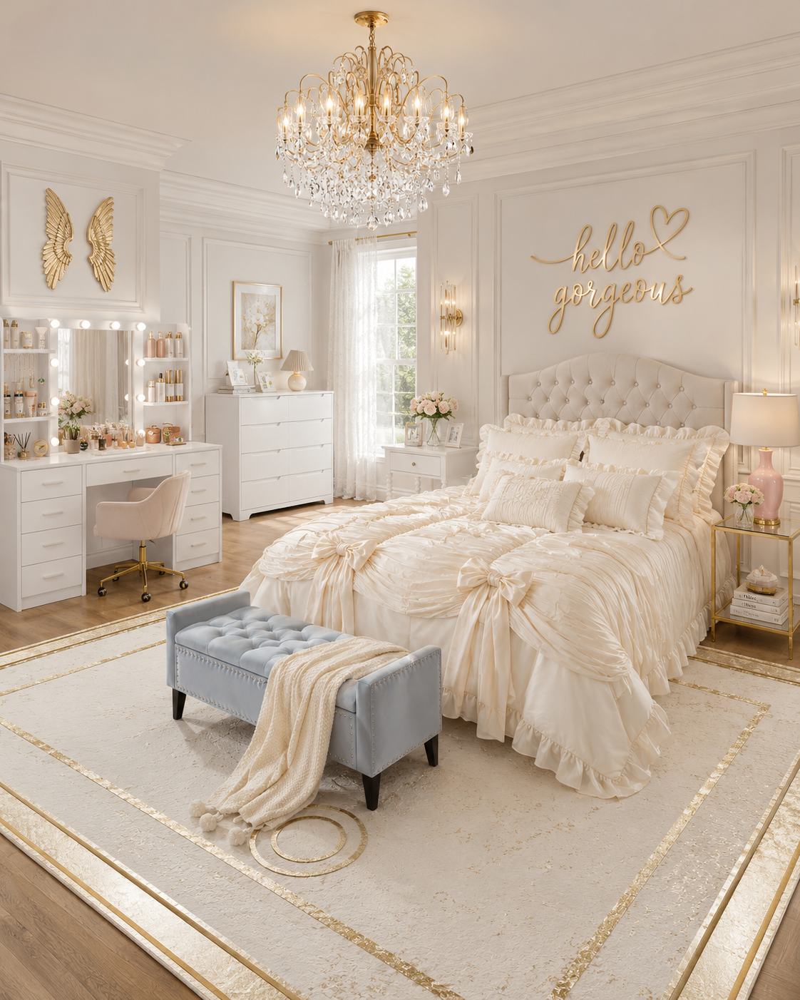 Ivory and gold glam bedroom with a curved cream diamond-tufted headboard, ivory bow velvet bedding, gold crystal cascade chandelier, light blue velvet tufted storage bench, Hollywood-lit white makeup vanity, cream velvet gold-base swivel chair, white 8-drawer dresser, pink ceramic urn table lamps, ivory floral lace sheer curtains, gold angel wings wall decor, 'hello gorgeous' gold wire script sign, gold and glass 2-tier side tables, and a white and gold plush bordered area rug.