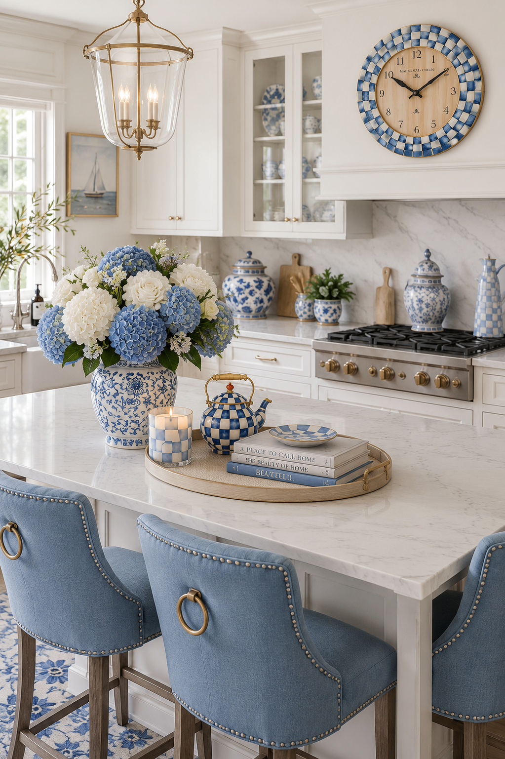 Blue and white coastal kitchen with hydrangea arrangement, MacKenzie-Childs teapot and clock, blue upholstered counter stools, and marble island.