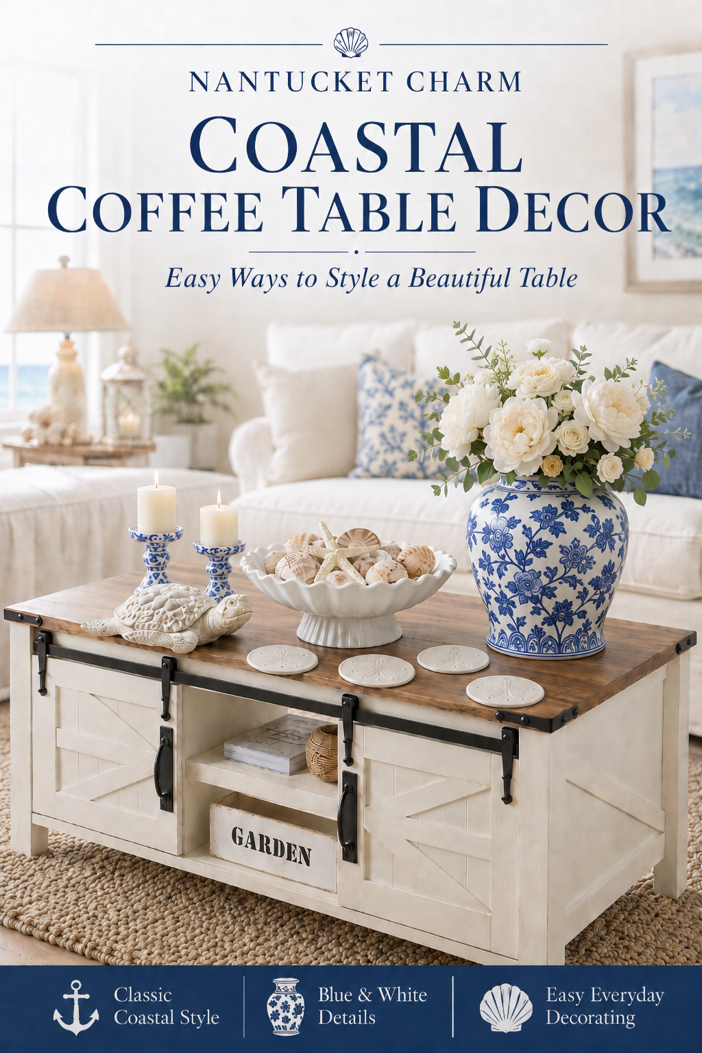 Coastal living room with an antique white farmhouse lift-top coffee table with sliding barn doors, styled with a blue and white chinoiserie ginger jar of white roses, blue decoupage candlesticks, a white fluted pedestal bowl of shells, a white sea turtle sculpture, and sand dollar stone coasters.