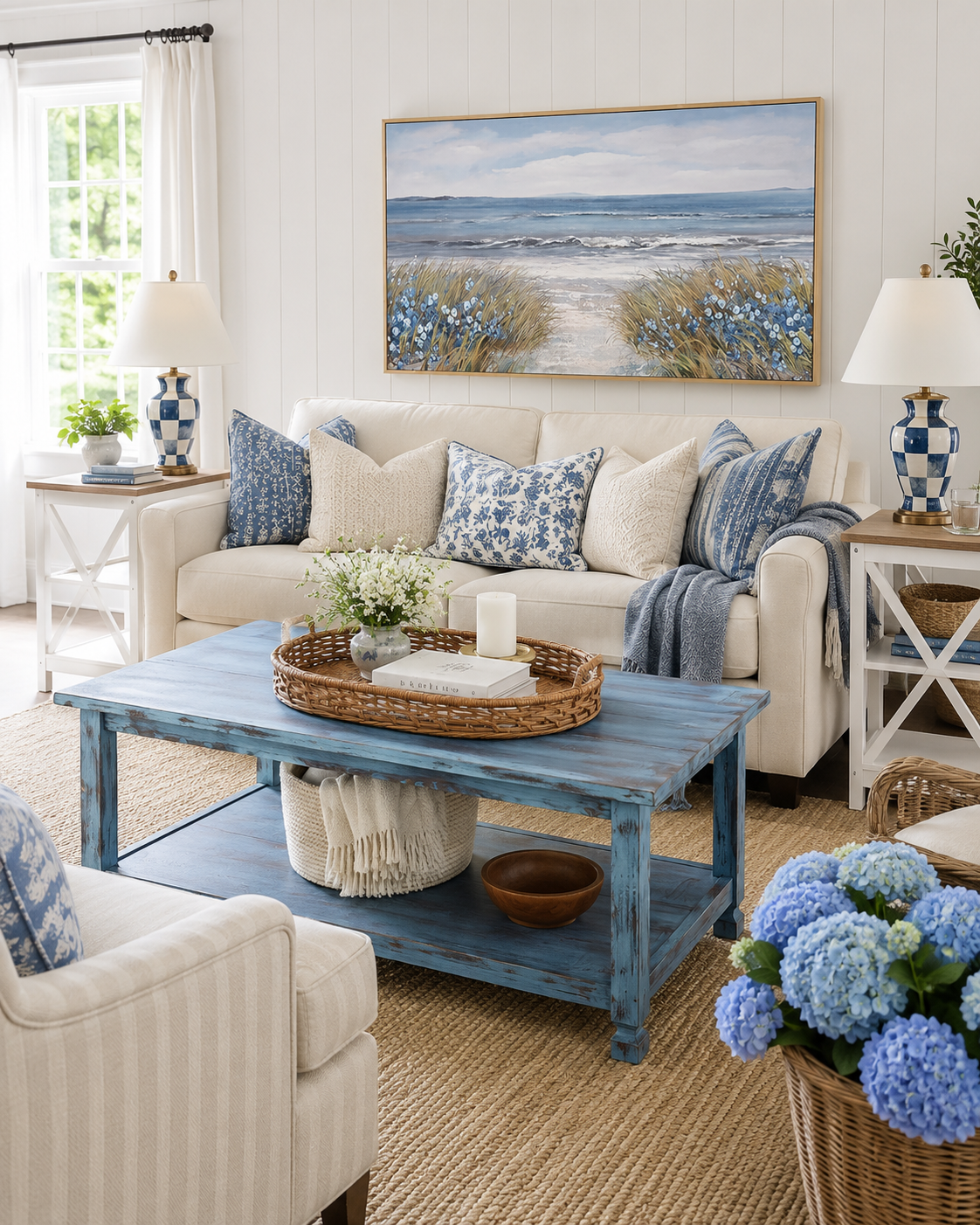 Blue and white coastal living room with the Alaterre blue distressed reclaimed wood coffee table, cream sofa with blue block-print pillows, and a pair of blue and white ginger jar lamps beneath a framed dune-and-sea painting.