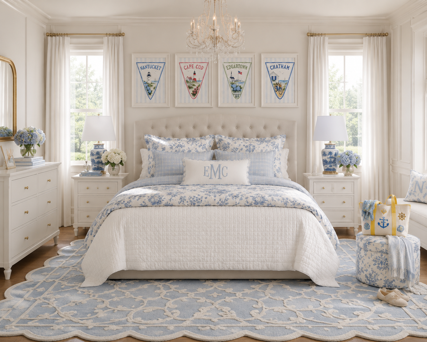 Nantucket blue and white primary bedroom with a cream diamond-tufted curved upholstered headboard, Laura Ashley blue watercolor floral comforter set with ruffled shams, personalized blue scalloped monogram pillow, Waverly coral trellis ruffled boudoir pillow, a pair of vintage Henry Link whitewashed wicker nightstands with glass tops, blue and white chinoiserie porcelain table lamps with ivory bell shades, an antique white iron scroll five-light crystal mini chandelier, four framed coastal pennant wall art prints of Nantucket, Cape Cod, Edgartown and Chatham, a blue and white floral round storage ottoman, a modern white three-drawer wood dresser with gold ball knobs, and a handmade sky blue and white scalloped floral wool rug.
