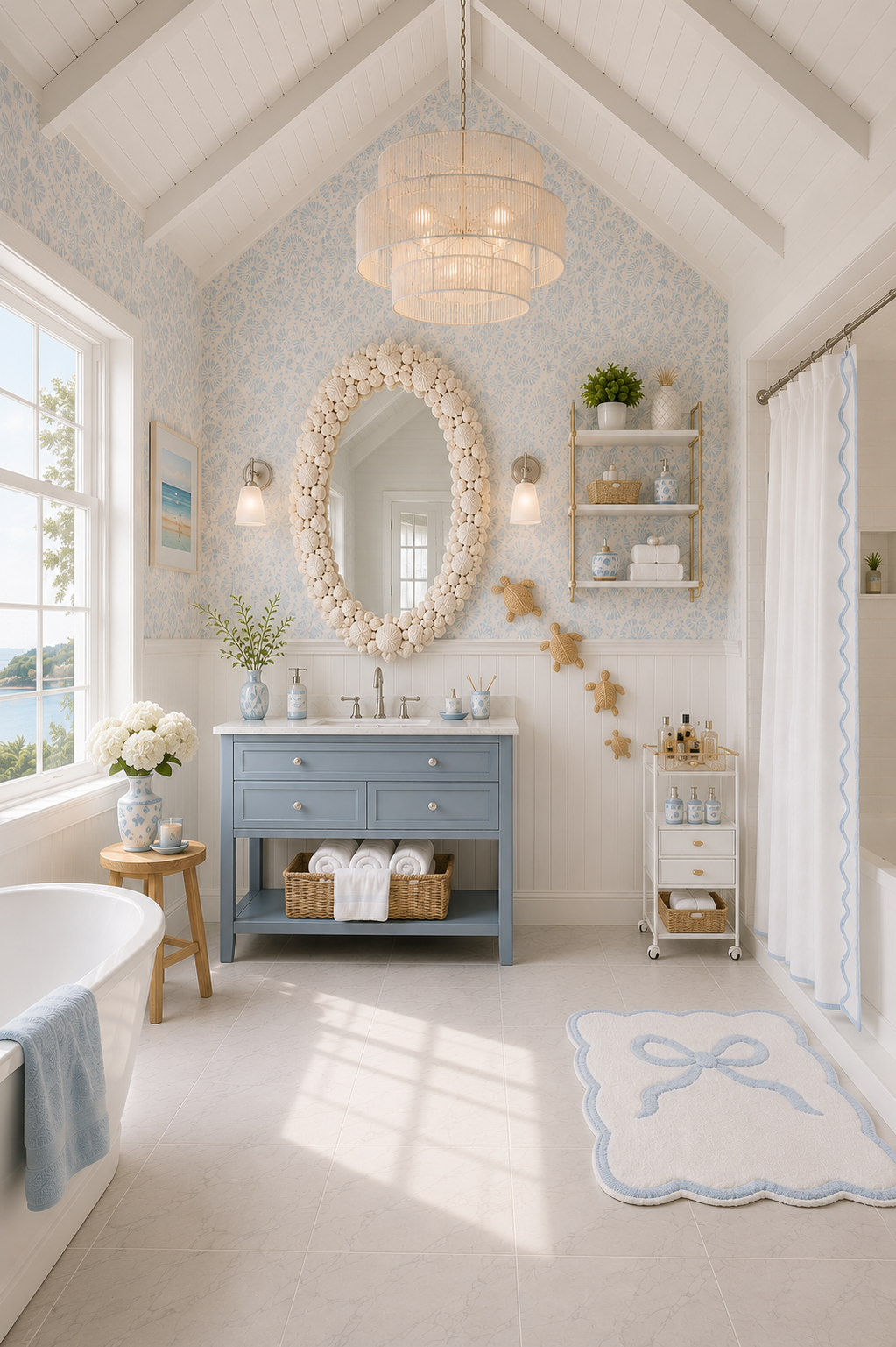 Coastal blue and white bathroom with vaulted white shiplap ceiling, blue and white Mediterranean palm-fan wallpaper, 30-inch mint-blue chinoiserie grasscloth-inlay vanity with Carrara marble top, oval natural seashell and coral mirror, large three-tier white rattan boho coastal chandelier, woven seagrass sea turtle wall decor set of two, modern white and gold three-tier floating wall shelf, handmade nautical aqua bathroom shelf with boat cleats, white and natural wood rolling vanity cart, Stonewall Kitchen Coastal Breeze hand soap, blue floral porcelain five-piece bath accessories set, white cotton shower curtain with blue scallop wave trim, and a blue and white coquette bow scalloped-edge bath mat.