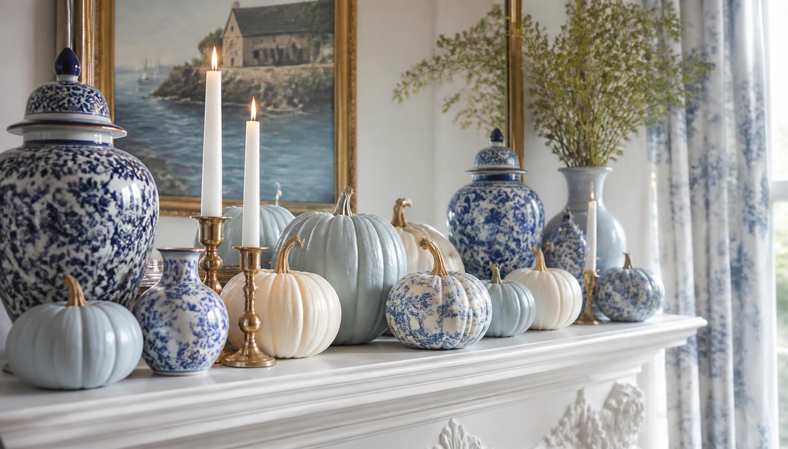 A white mantel styled for fall with blue-and-white ginger jars, pale blue pumpkins, cream pumpkins, and brass candlesticks