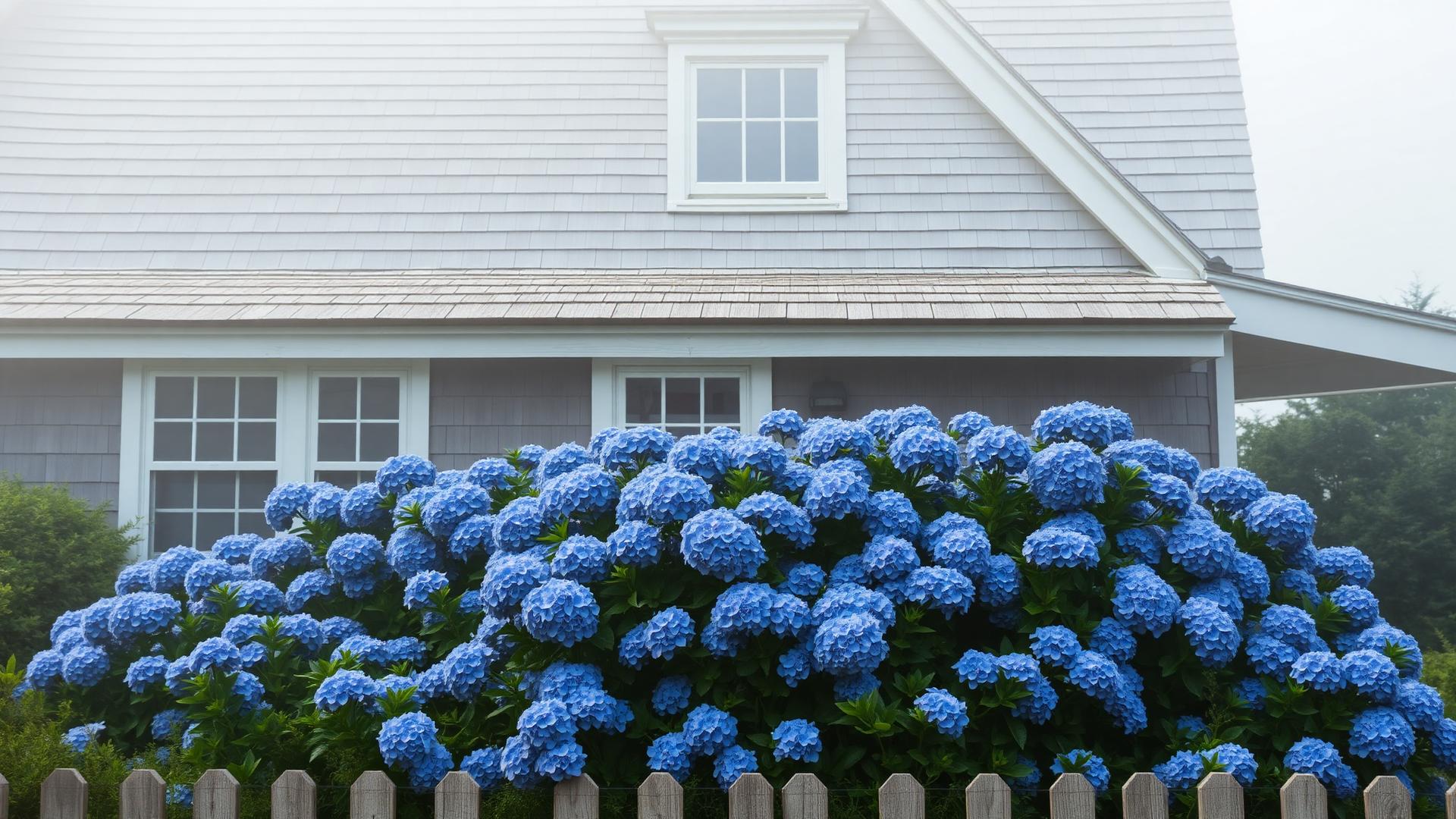 A cedar-shingled Nantucket cottage embraced by blooming blue hydrangeas in the morning fog