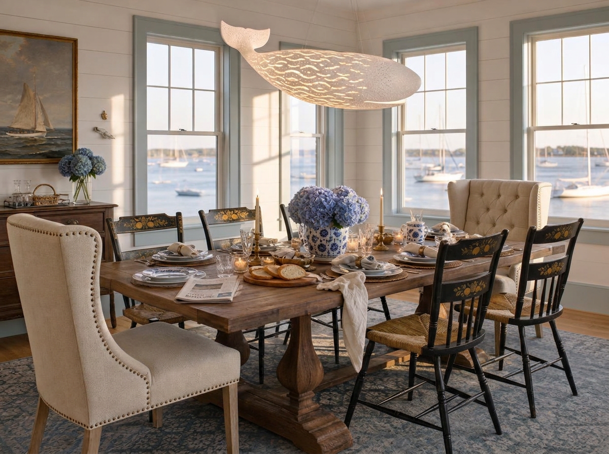 Coastal Nantucket dining room with a walnut trestle farm table, vintage black Hitchcock chairs with gold stenciled backs, beige tufted wingback chairs, a sculptural white whale LED chandelier, blue-and-white chinoiserie plates, hydrangeas in a ginger jar and harbor views through tall windows.