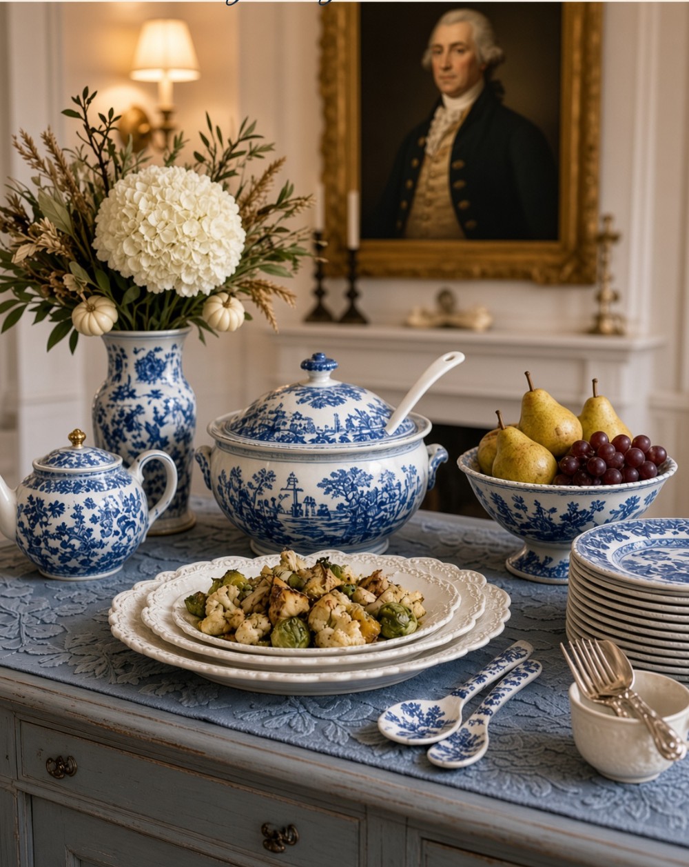 Grandmillennial Thanksgiving sideboard styled with a blue-and-white Spode transferware soup tureen, Churchill Blue Willow teapot, chinoiserie vase of white hydrangeas, footed compote of pears and grapes, stacked blue-and-white plates and a gilt-framed portrait above.